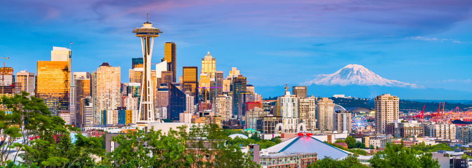 A city with a mountain in the background.