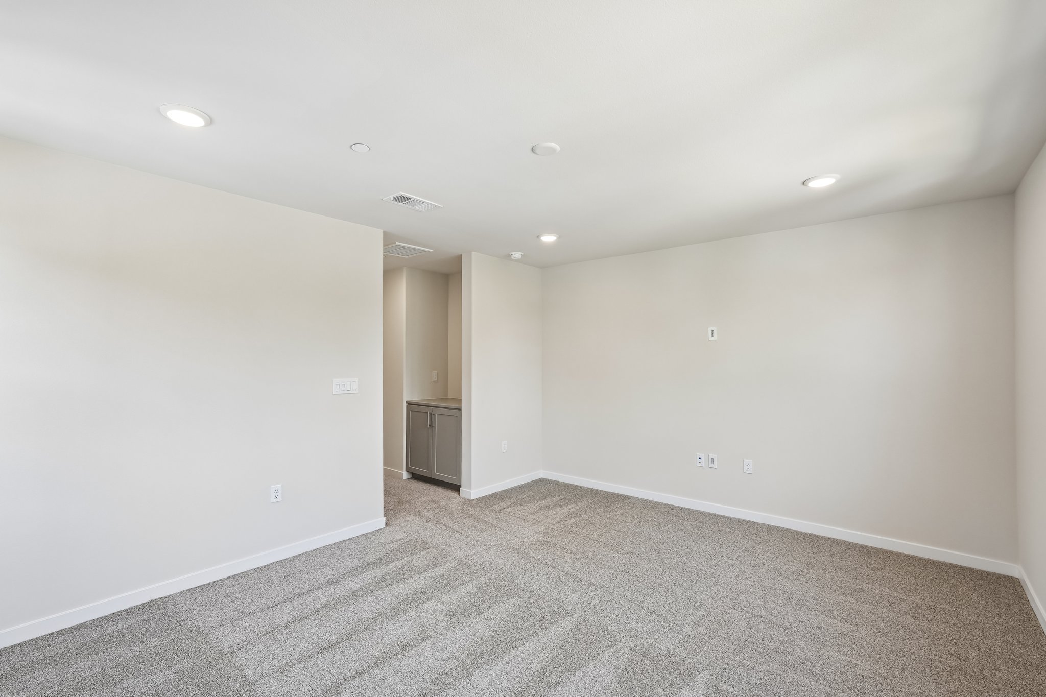 A room with a carpet and a door.