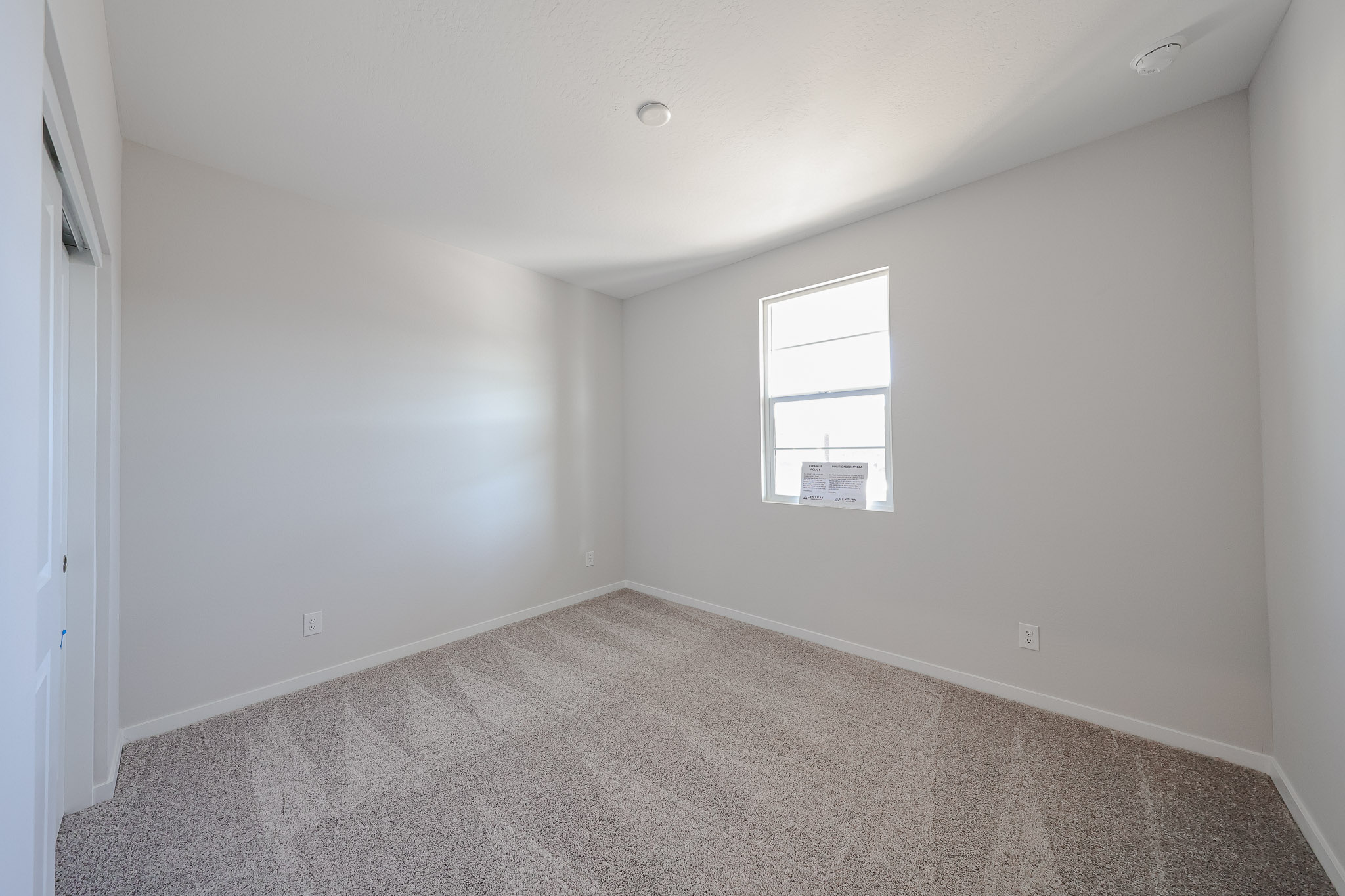 A room with a carpet and a window.