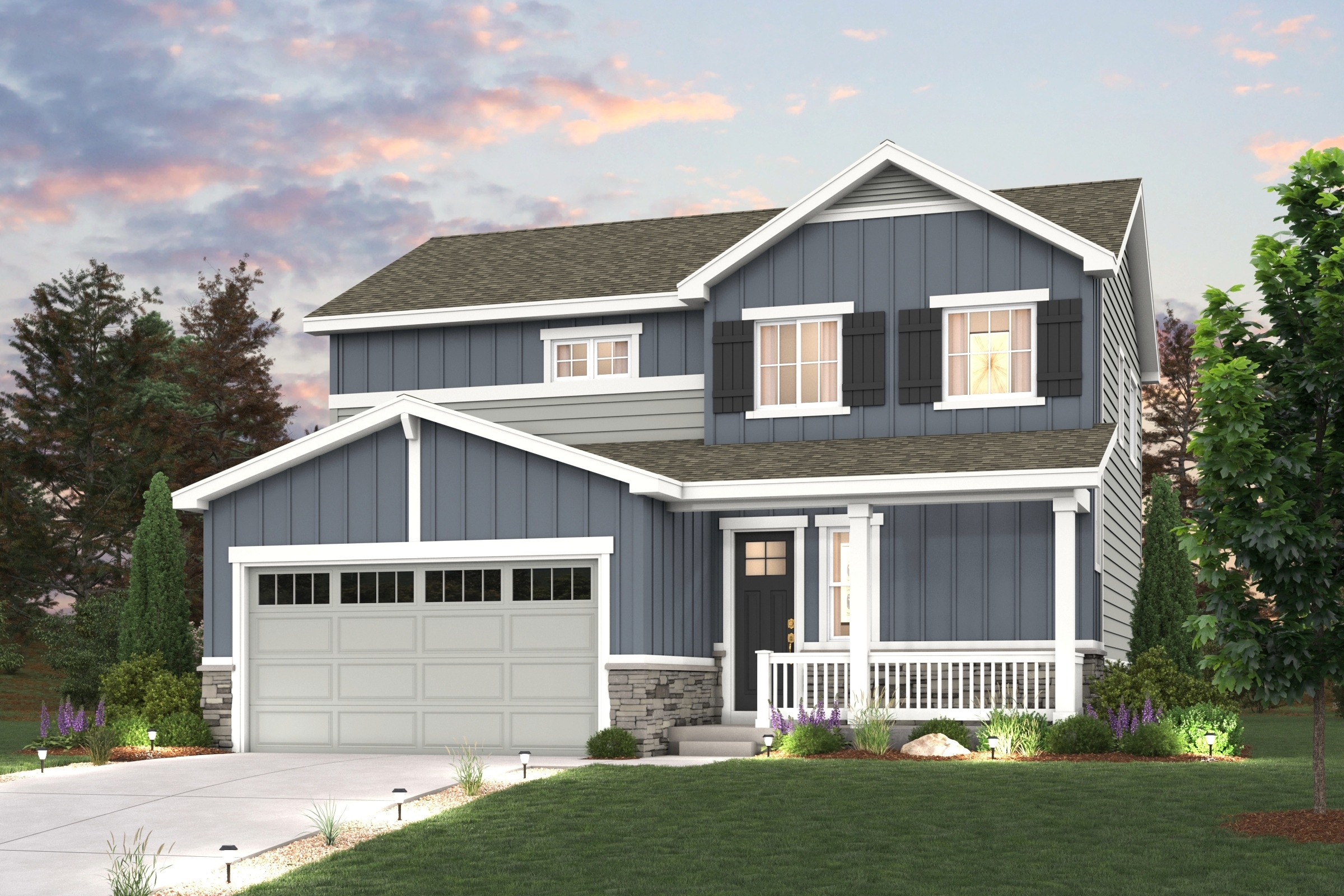 Hudson Rendered image Elevation A home with garage and landscaping