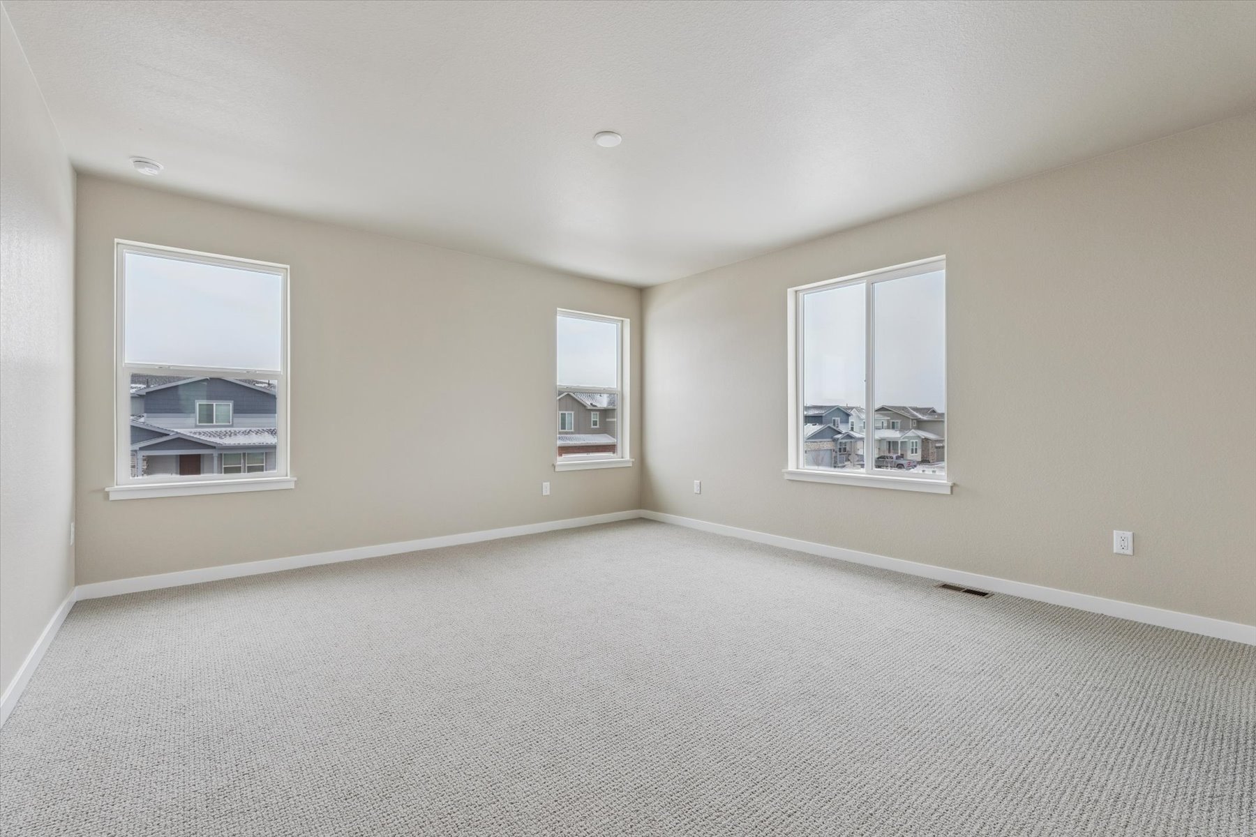 A room with a carpet and windows.