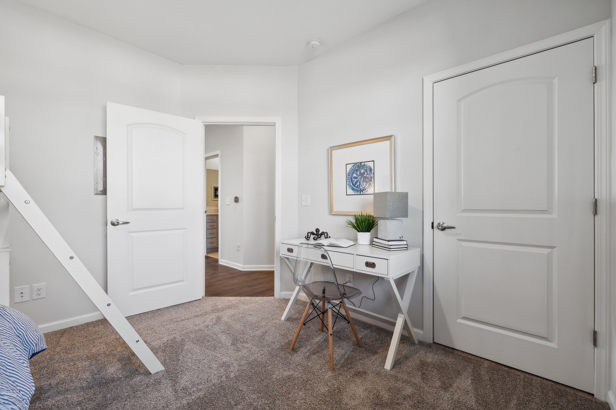 A room with white doors and a table with a plant on it.