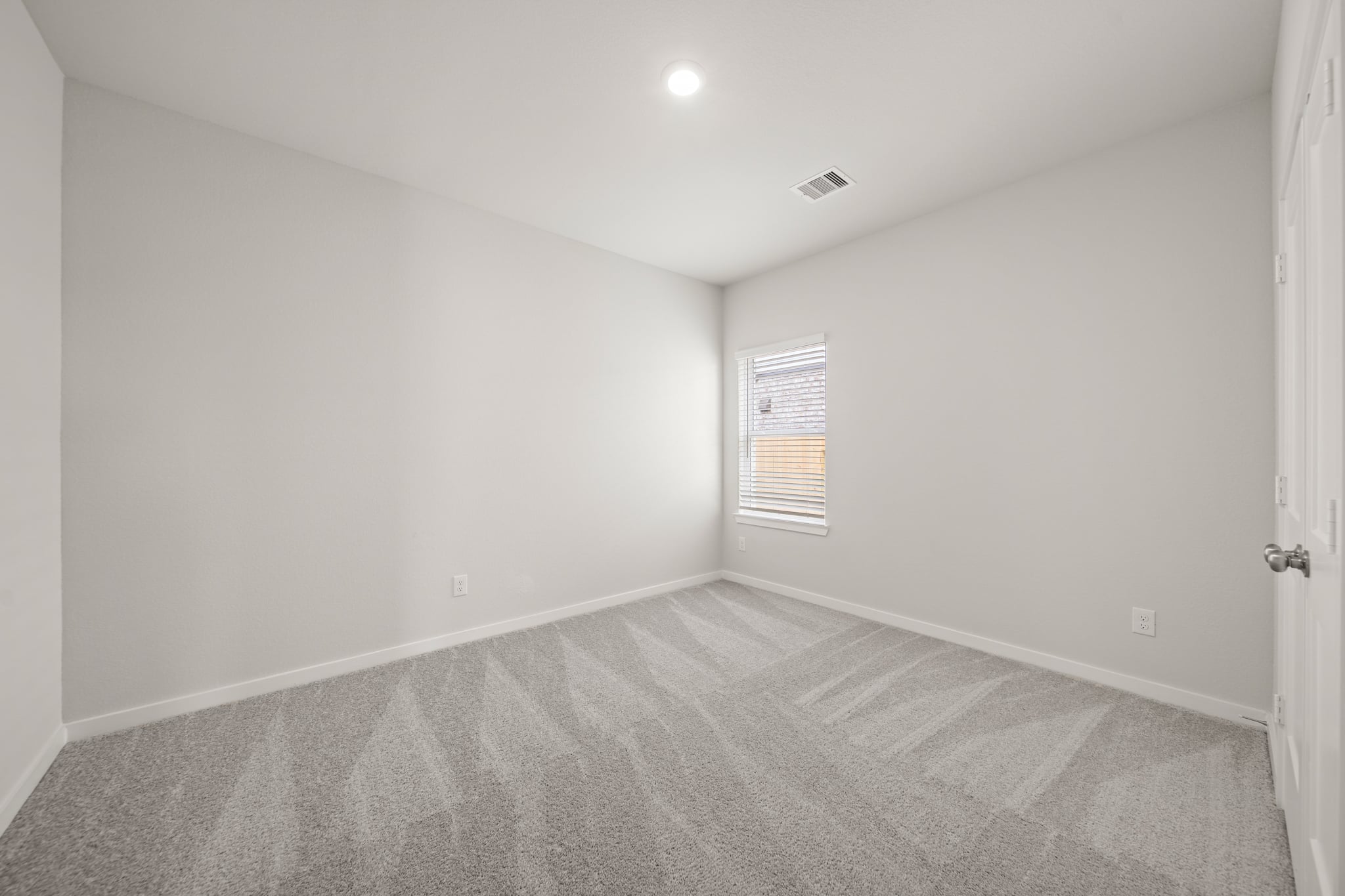 A room with a carpet and a door.