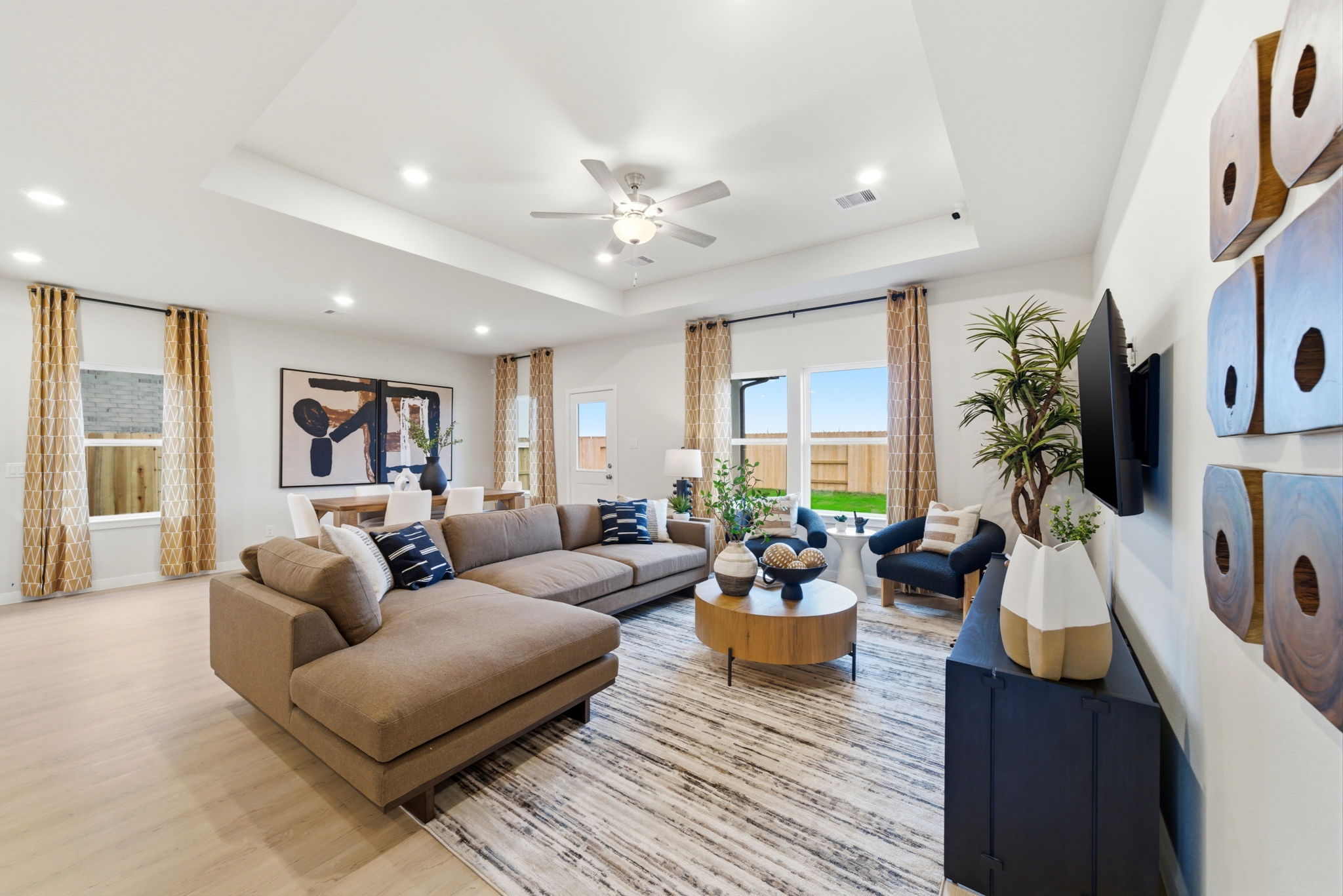 A living room with a large window.