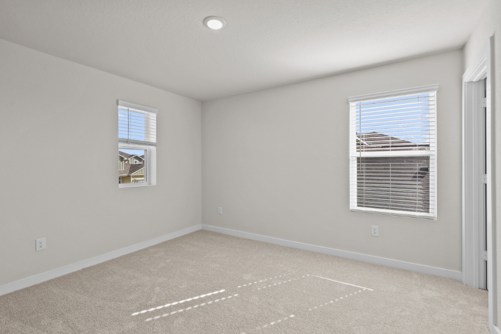 A room with a carpet and windows.