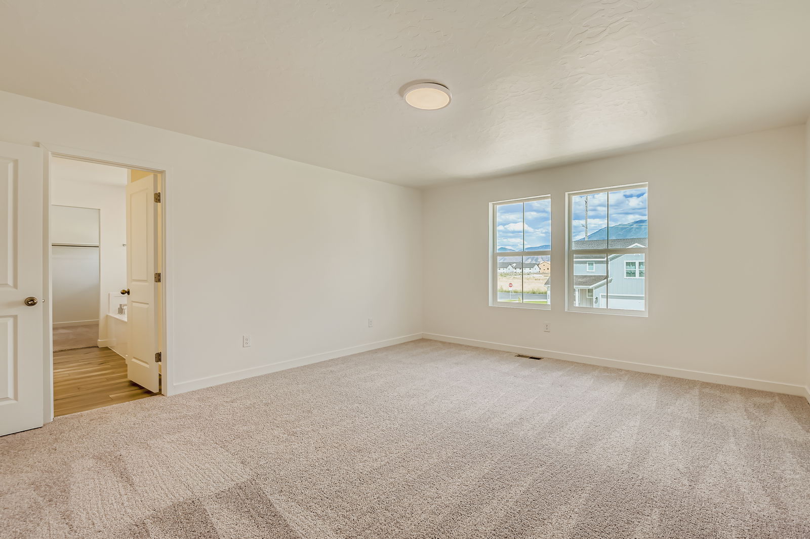 A room with a carpet and windows.