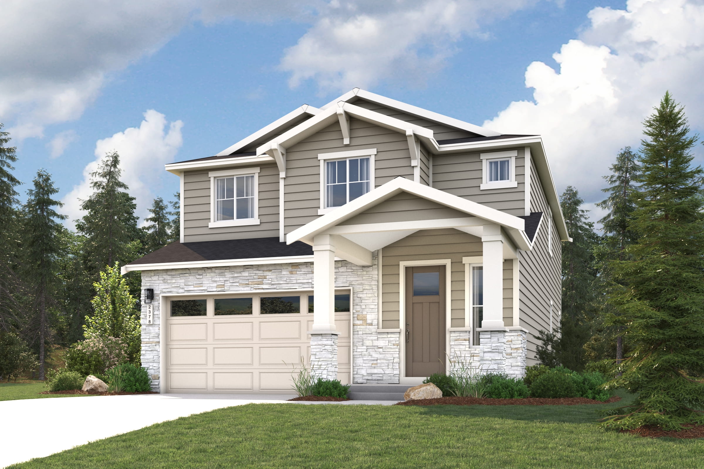 A house with a garage and trees.
