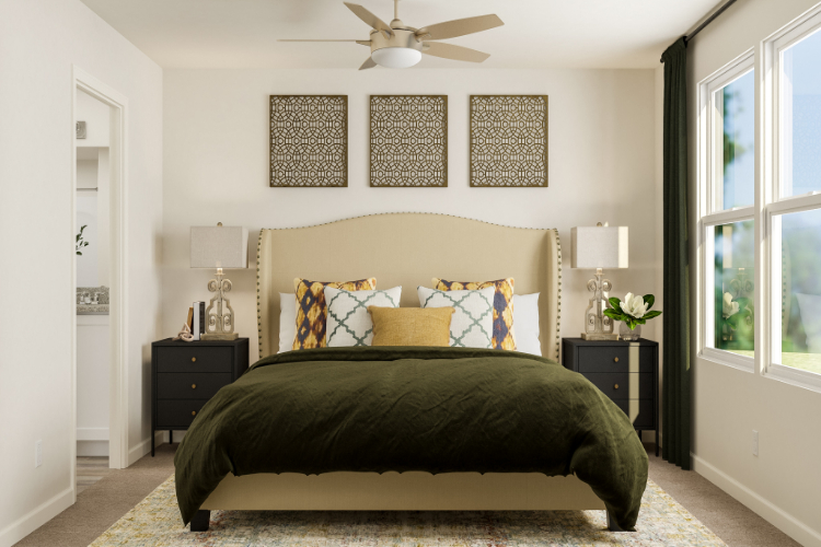 A bedroom with a large bed.