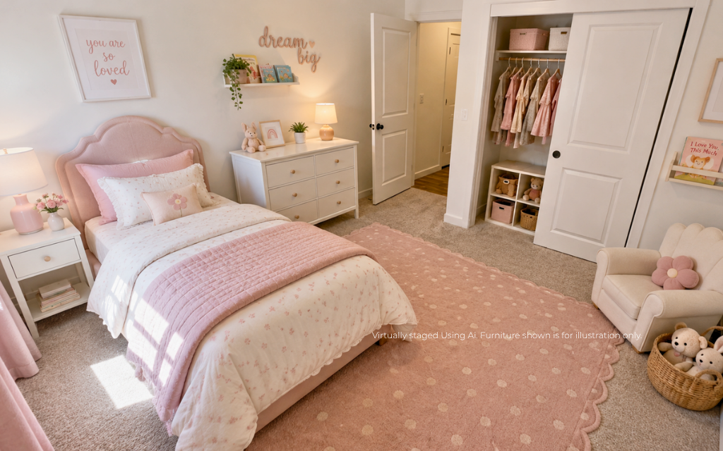 A bedroom with a pink bed.